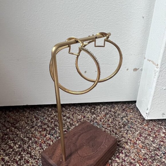 Gold tone and crystal embellished medium hoop earrings lightweight full loop - Picture 2 of 6